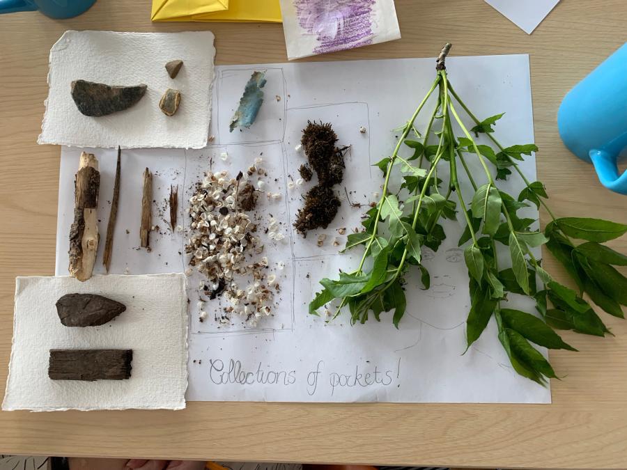 Natural objects including sticks, green leaves and bark