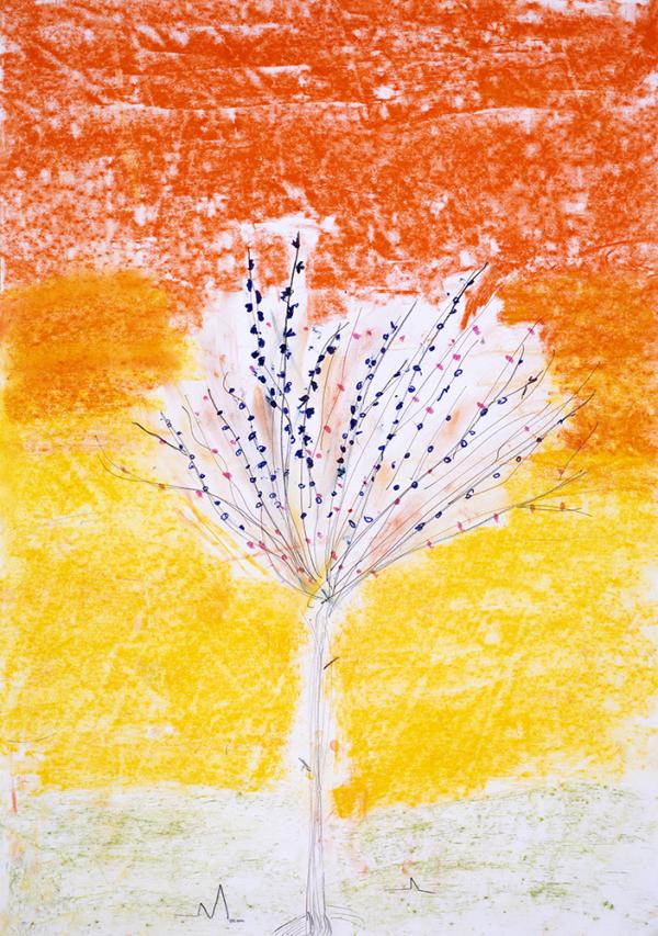 drawing of tree against orange background